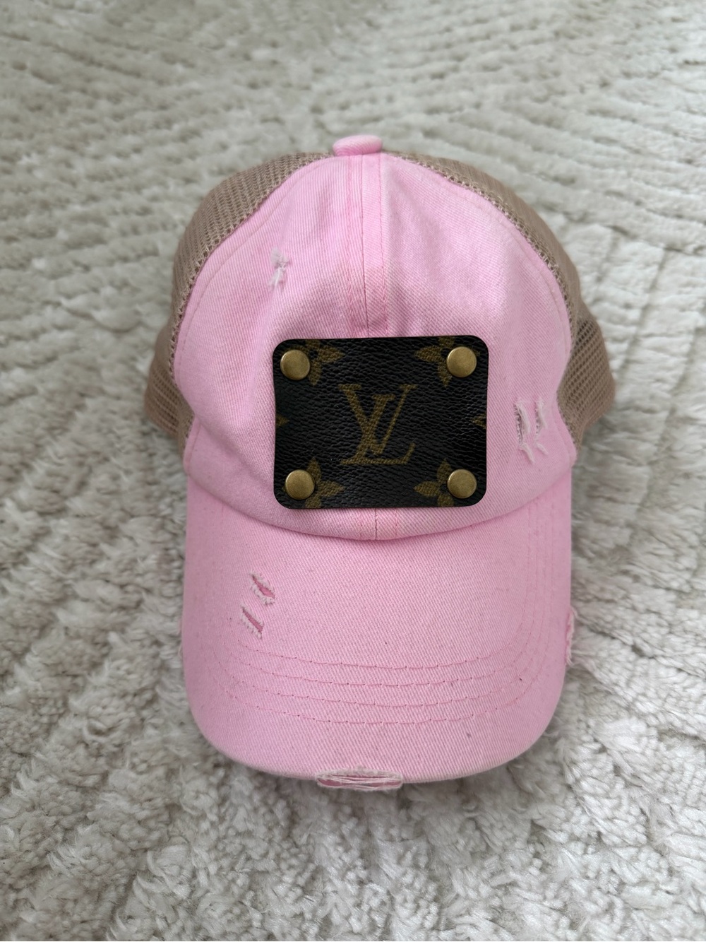 Pink and Tan Mesh Baseball Cap with LV Logo Patch